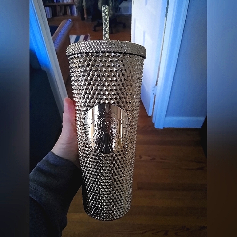 New Starbucks Gold Metallic Studded Bling Cold Cup Tumbler Holiday 2022